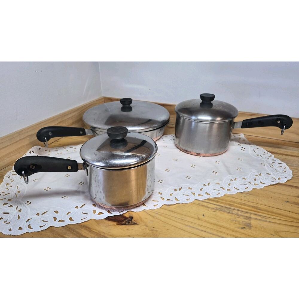 VTG Revere Ware Copper Bottom 1801 USA. Set of 2Pots & Frying Pan w/ Lids